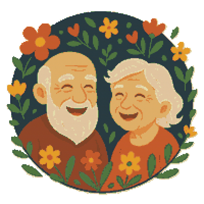Elderly Couple Laughing On Floral Background Cross Stitch Pattern PDF Instant Download 0