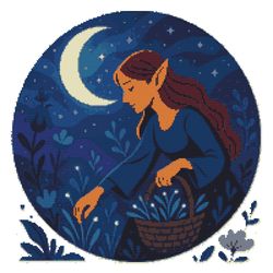 elf girl picking flowers - cross stitch pattern pdf - instant download