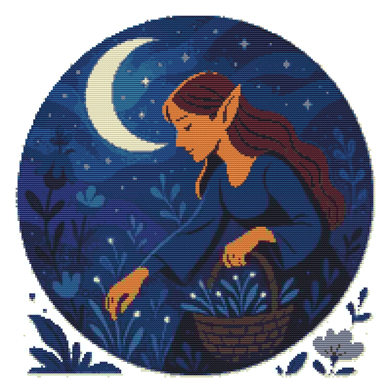 Elf Girl Picking Flowers Cross Stitch Pattern PDF Instant Download 0