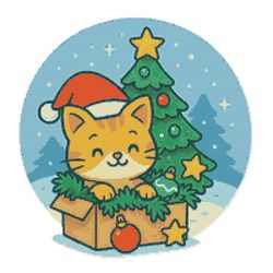 fluffy kitten in santa hat hides in box with tinsel and toys - cross stitch pattern pdf - instant download
