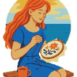 girl embroidering against the backdrop of the sea - cross stitch pattern pdf - instant download