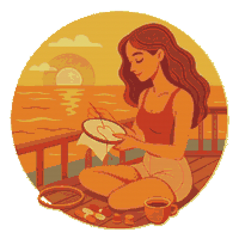 Girl Embroidering At Sunset Cross Stitch Pattern PDF Instant Download 0