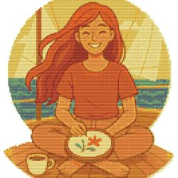 girl relaxing with embroidery - cross stitch pattern pdf - instant download