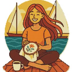 girl resting with embroidery - cross stitch pattern pdf - instant download