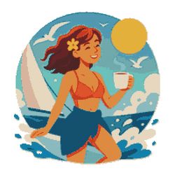 happy girl drinking coffee at the sea - cross stitch pattern pdf - instant download