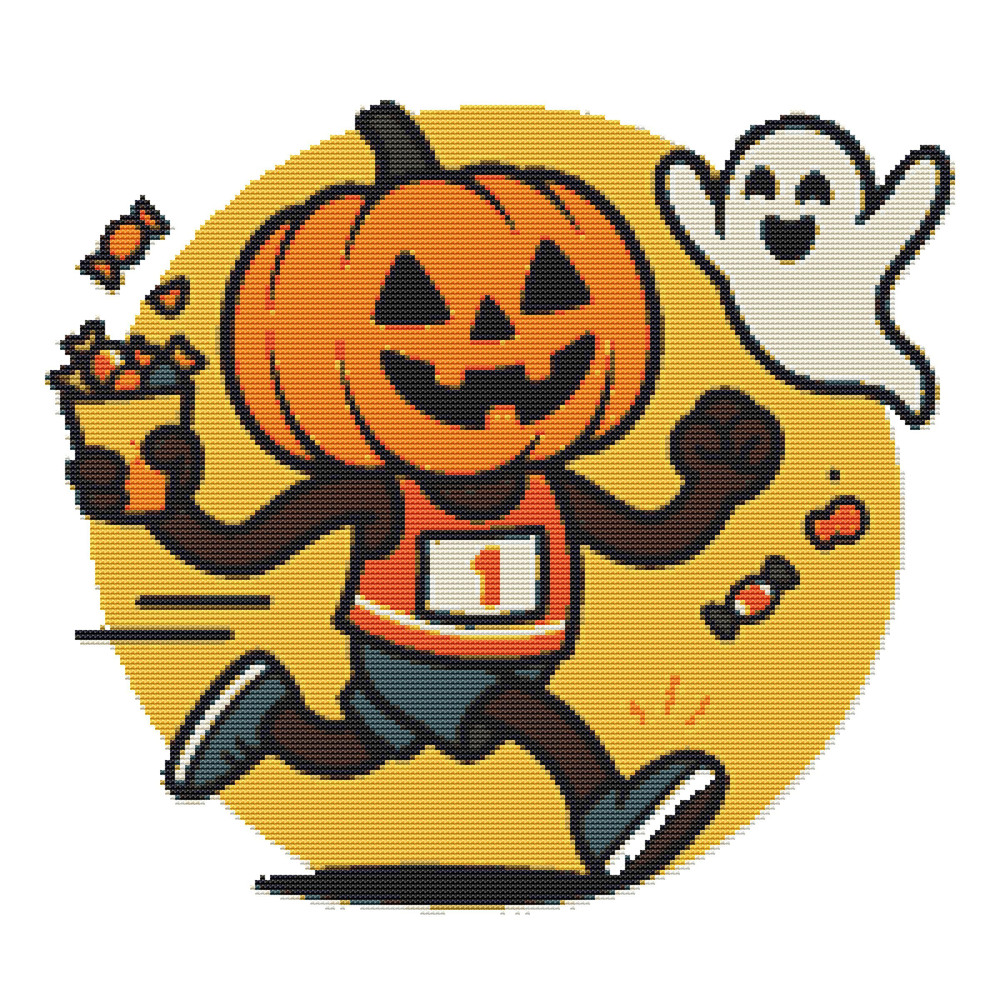 Pumpkin Runs Halloween Marathon With Ghost Cross Stitch Pattern PDF Instant Download 0