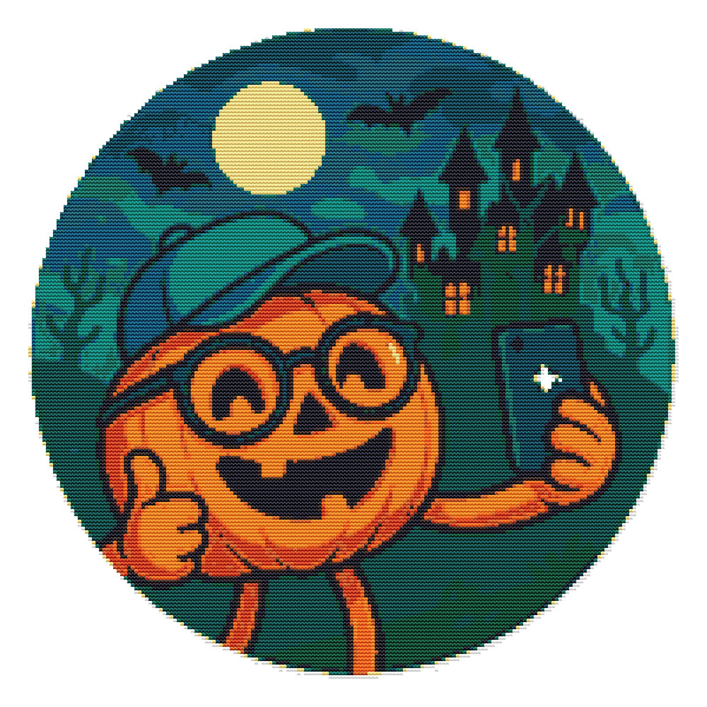 Pumpkin Takes Selfie With Castle In Background On Halloween  Cross Stitch Pattern PDF  Instant Down 0