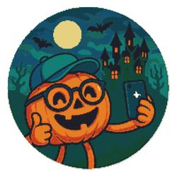 pumpkin takes selfie with castle in background on halloween - cross stitch pattern pdf - instant download