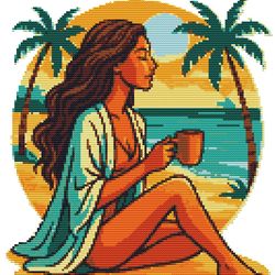 spectacular girl with long hair sits on the beach by the sea - cross stitch pattern pdf - instant download
