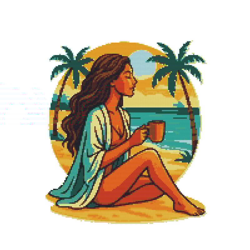 Spectacular Girl With Long Hair Sits On The Beach By The Sea Cross Stitch Pattern PDF Instant Dow 0