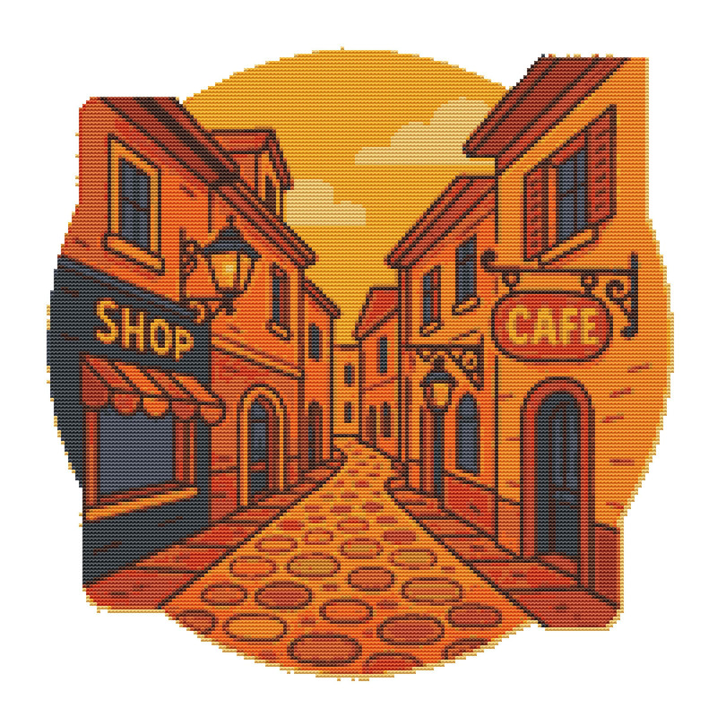 Street With Houses Retro Style Cross Stitch Pattern PDF Instant Download 0