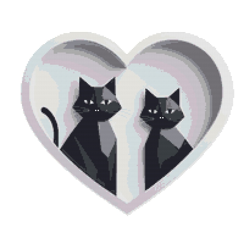 2 Black Cats Looking Out Of The Heart Cross Stitch Pattern PDF Instant Download 0