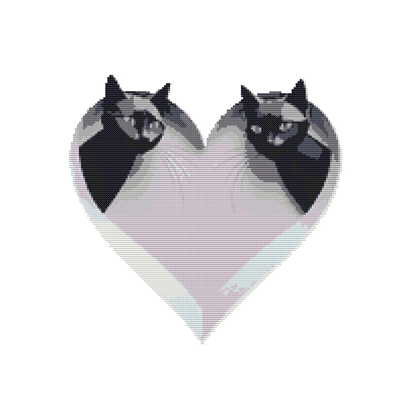2 Black Cats Peeking Out Of A Grey Heart Cross Stitch Pattern PDF Instant Download 0