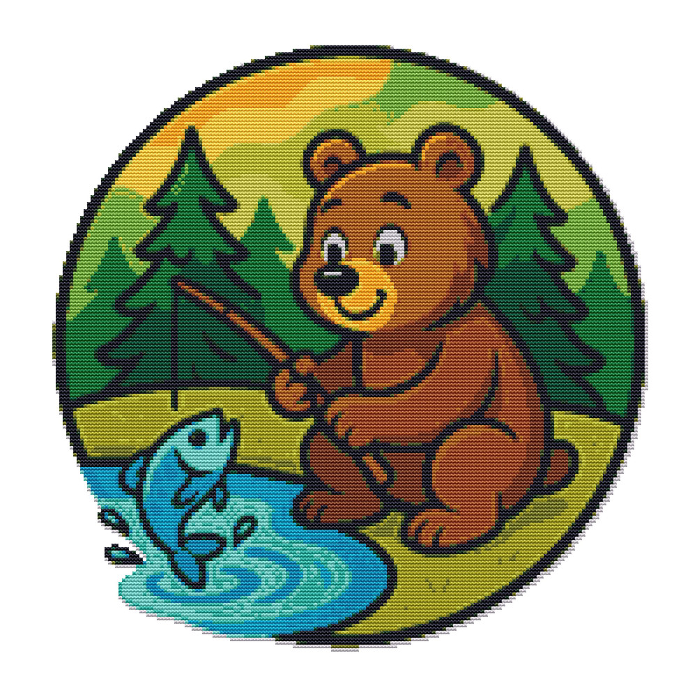 A Bear Catches Fish In A Lake In The Forest  Cross Stitch Pattern PDF  Instant Download 0