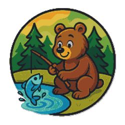 a bear catches fish in a lake in the forest - cross stitch pattern pdf - instant download