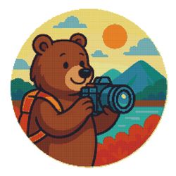 a bear with a camera takes pictures of the landscape - cross stitch pattern pdf - instant download