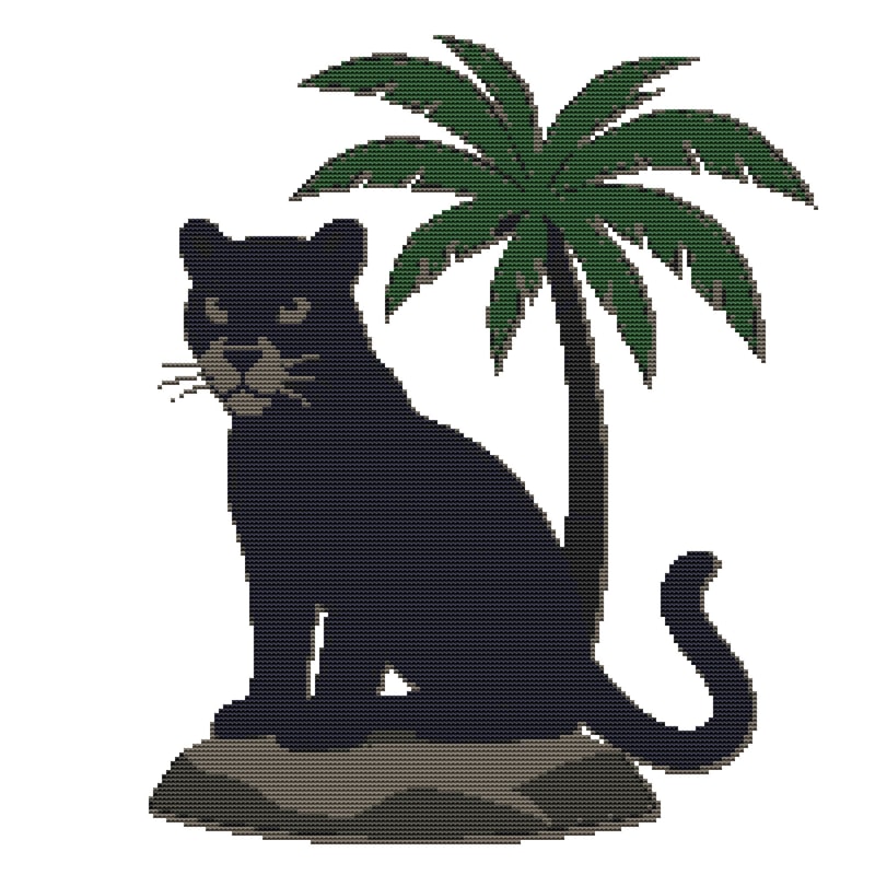 A Black Puma Sits Under A Palm Tree Cross Stitch Pattern PDF Instant Download 0