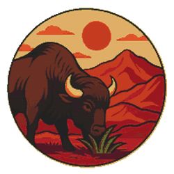 a buffalo eats grass against the backdrop of red mountains - cross stitch pattern pdf - instant download