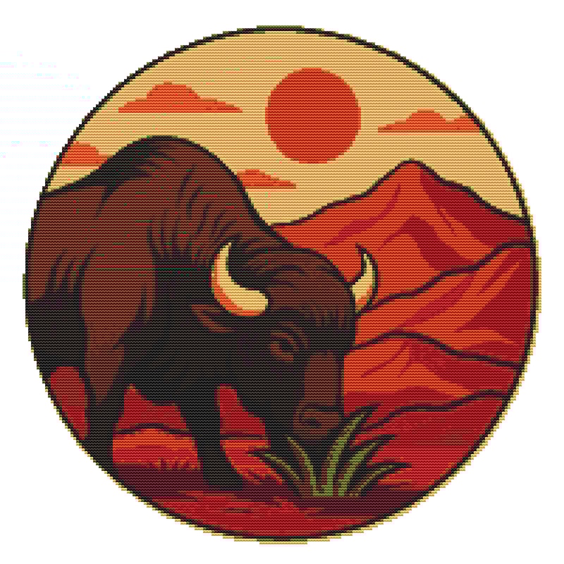 A Buffalo Eats Grass Against The Backdrop Of Red Mountains Cross Stitch Pattern PDF Instant Downl 0