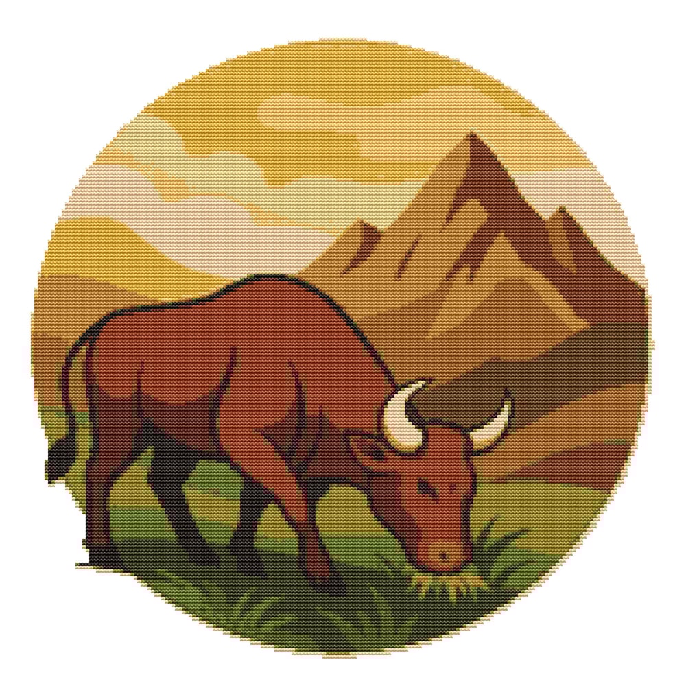 A Bull Eats Grass Against The Backdrop Of Brown Mountains Cross Stitch Pattern PDF Instant Downlo 0