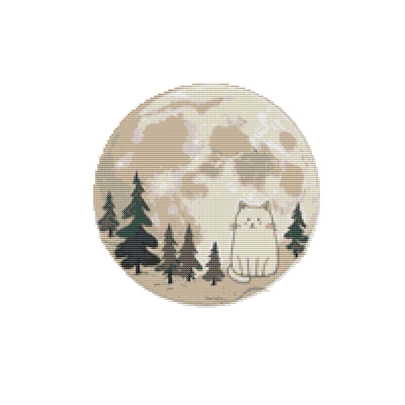 A Cat Against The Background Of Fir Trees And The Moon Cross Stitch Pattern PDF Instant Download 0