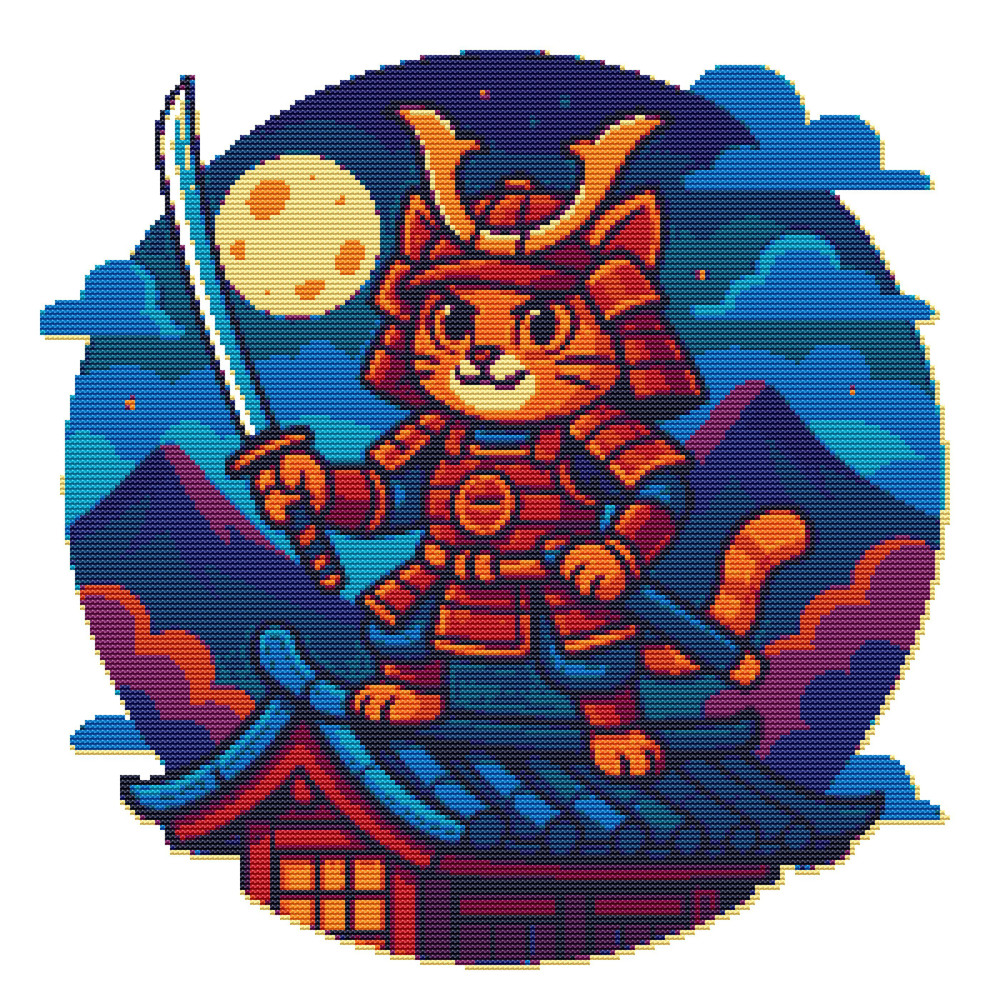 A Cat In Samurai Armor Cross Stitch Pattern PDF Instant Download 0
