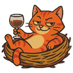 a cat is relaxing with a glass in the nest - cross stitch pattern pdf - instant download