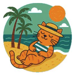 a cat sunbathes in a hat on the sea with palm trees, sand, sea - cross stitch pattern pdf - instant download