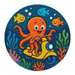 a cheerful octopus rides an underwater scooter among corals - cross stitch pattern pdf - instant download