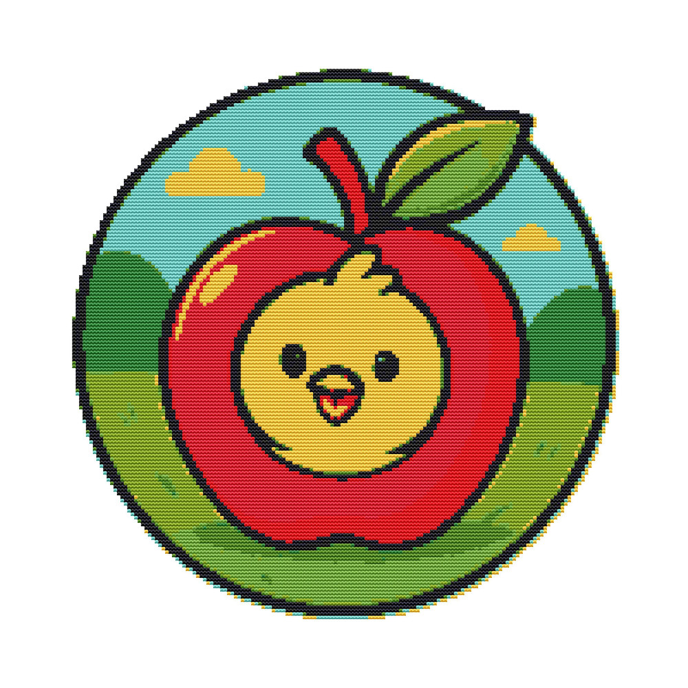 A Chick Peeks Out Of A Red Apple Against A Beautiful Backdrop Of Nature  Cross Stitch Pattern PDF   0