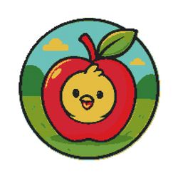 a chick peeks out of a red apple against a beautiful backdrop of nature - cross stitch pattern pdf - instant download
