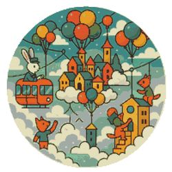 a city in the clouds where animals drive aerial trams and build houses - cross stitch pattern pdf - instant download