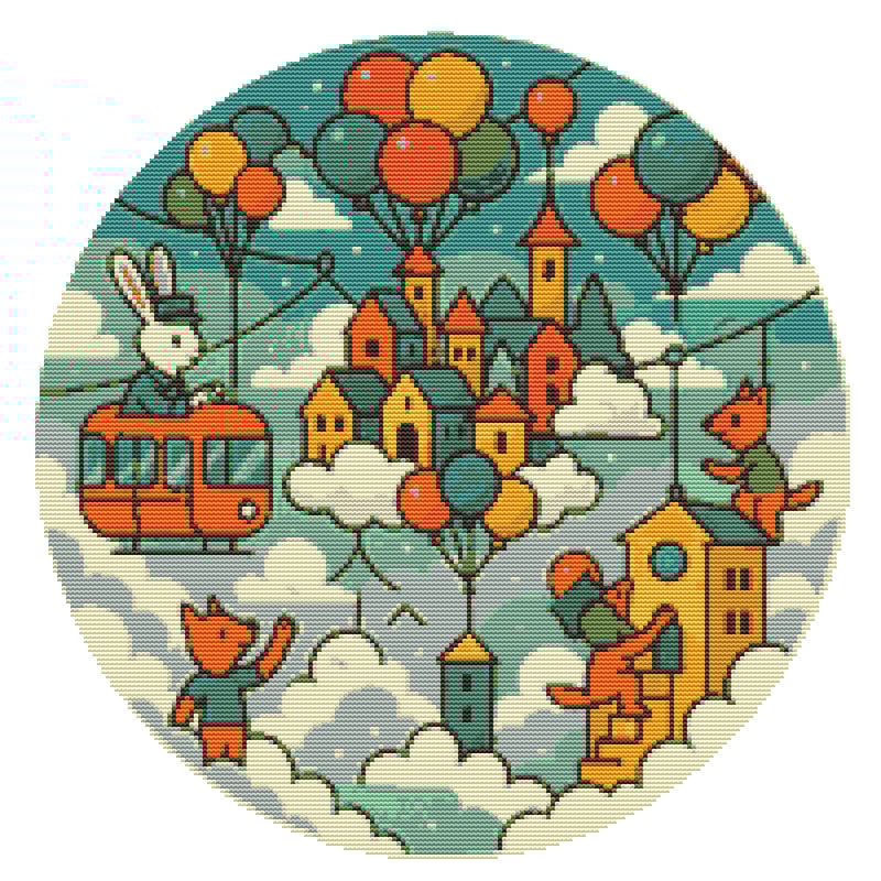 A City In The Clouds Where Animals Drive Aerial Trams And Build Houses Cross Stitch Pattern PDF I 0