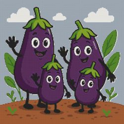 a family of eggplants in a garden bed - cross stitch pattern pdf - instant download