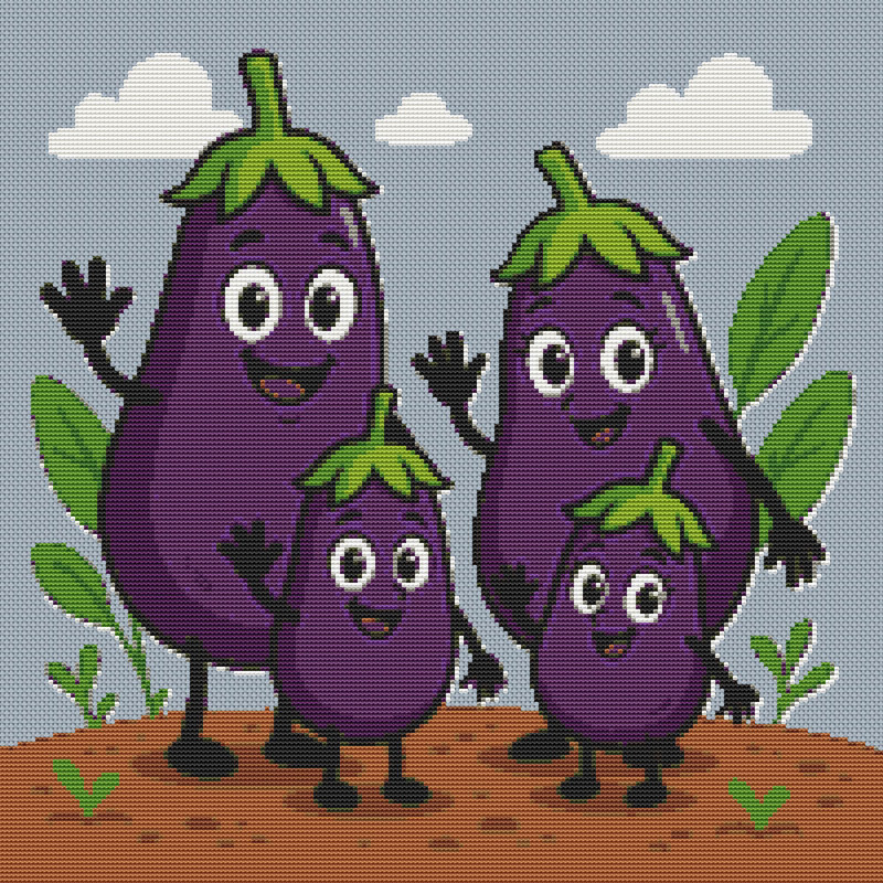 A Family Of Eggplants In A Garden Bed  Cross Stitch Pattern PDF  Instant Download 0