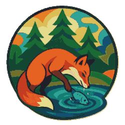 a fox is fishing in a lake in the forest - cross stitch pattern pdf - instant download