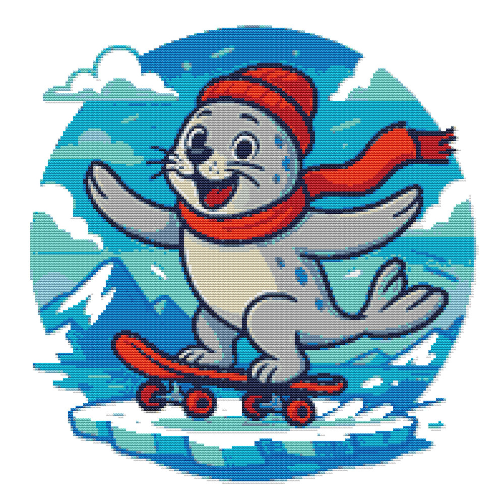 A Fur Seal Rides A Skateboard In Winter  Cross Stitch Pattern PDF  Instant Download 0