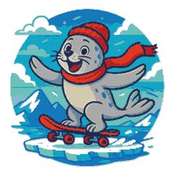 a fur seal rides a skateboard in winter - cross stitch pattern pdf - instant download