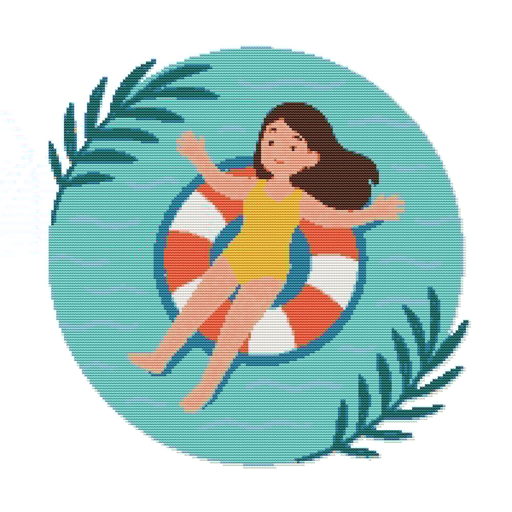 A Girl In The Sea Lies On A Lifebuoy Cross Stitch Pattern PDF Instant Download 0