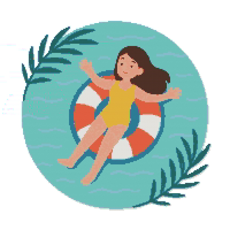 A Girl In The Sea Lies On A Lifebuoy Cross Stitch Pattern PDF Instant Download 0