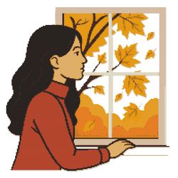 a girl looks out the window at yellow trees in autumn - cross stitch pattern pdf - instant download