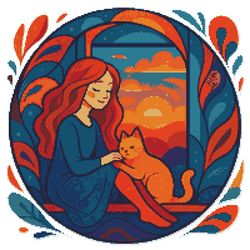 a girl sits on the window with a cat - cross stitch pattern pdf - instant download