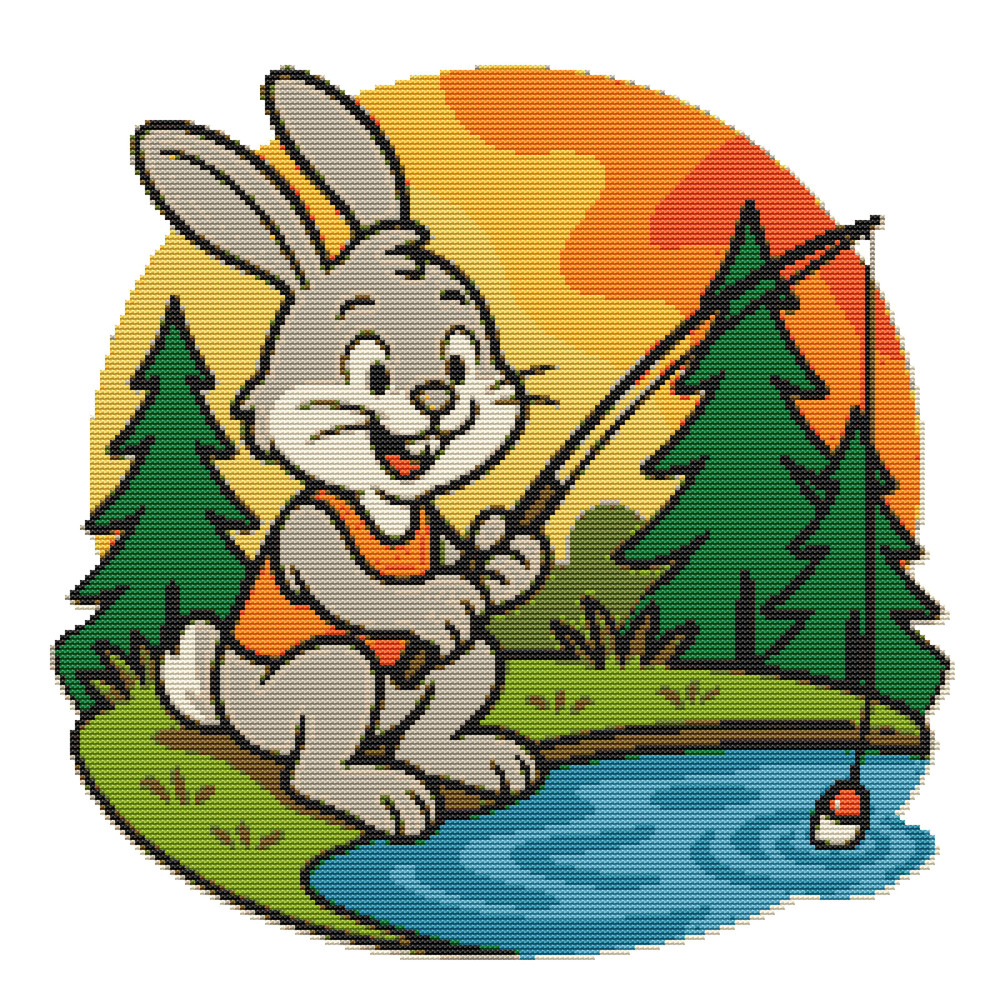 A Happy Hare Catches Fish In A Lake In The Forest  Cross Stitch Pattern PDF  Instant Download 0