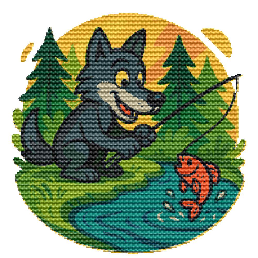 A Happy Wolf Catches Fish In A Lake In The Forest  Cross Stitch Pattern PDF  Instant Download 0