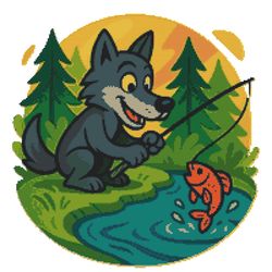 a happy wolf catches fish in a lake in the forest - cross stitch pattern pdf - instant download