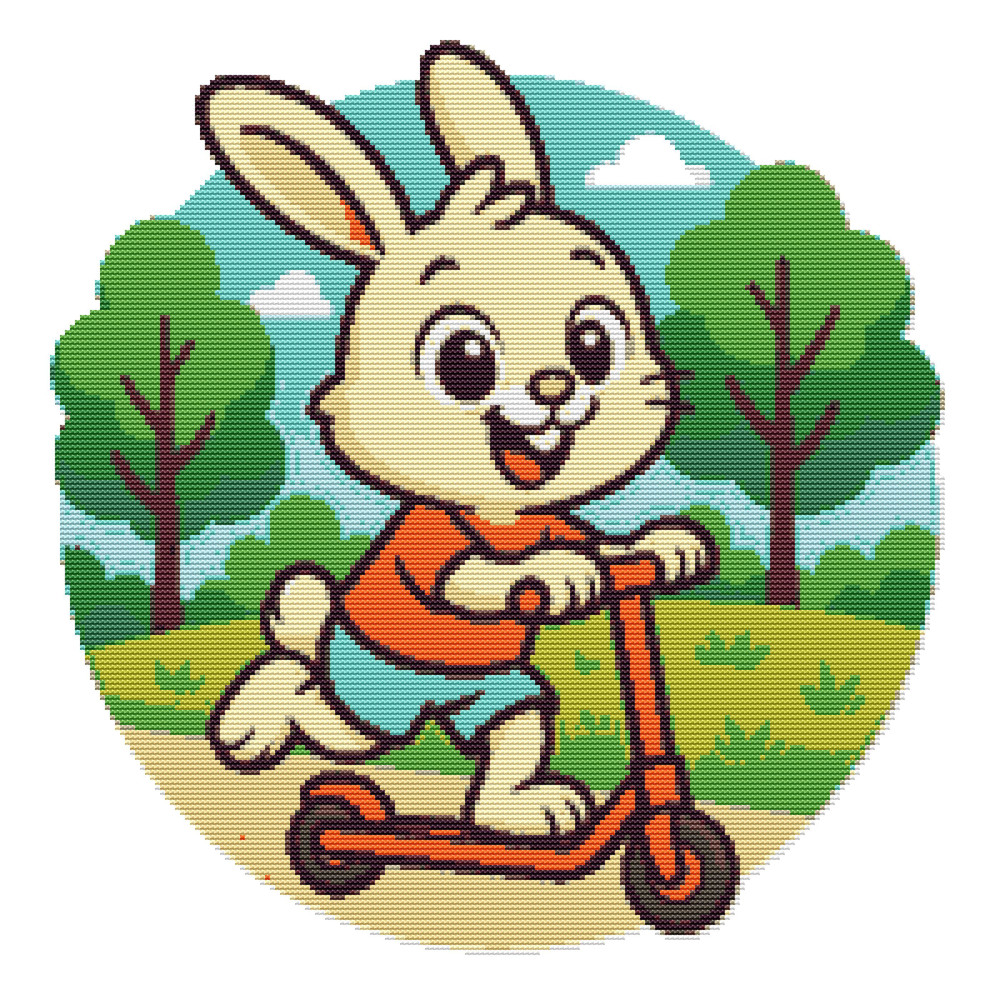A Hare Rides A Scooter In Nature Cross Stitch Pattern PDF Instant Download 0