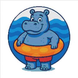 a hippopotamus with an inflatable ring in a pool. - cross stitch pattern pdf - instant download
