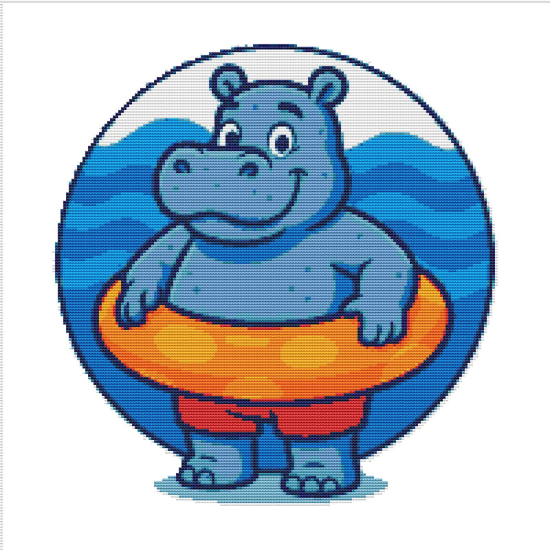 A Hippopotamus With An Inflatable Ring In A Pool Cross Stitch Pattern PDF Instant Download 0