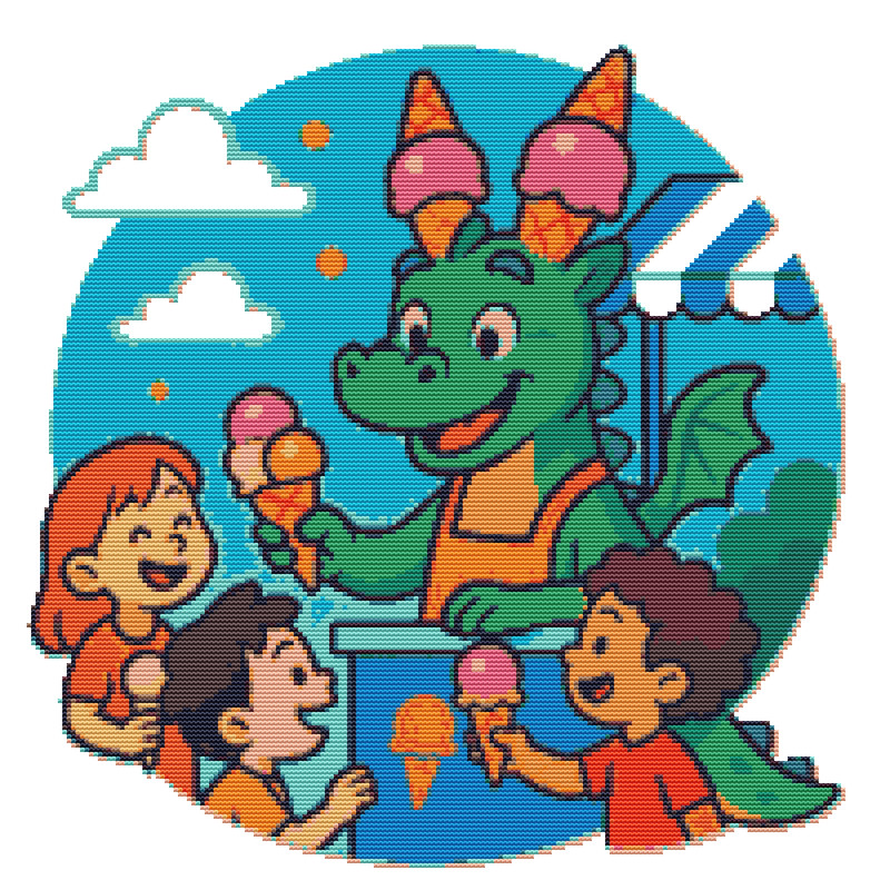 A Kind Dragon Gives Ice Cream To Children Cross Stitch Pattern PDF Instant Download 0