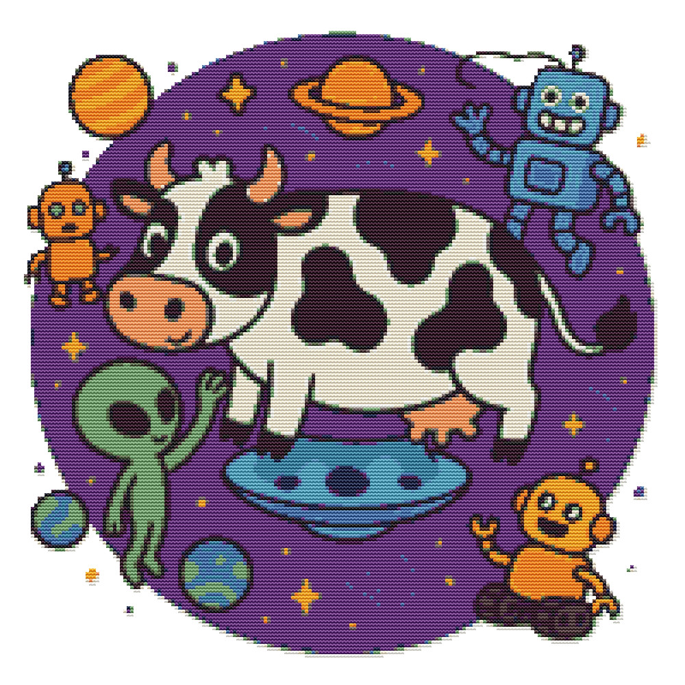 A Little Alien Takes Care Of A Huge Flying Cow  Cross Stitch Pattern PDF  Instant Download 0